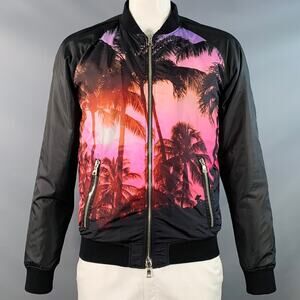 BALMAIN Size L Black Pink Palms Polyester Bomber Jacket